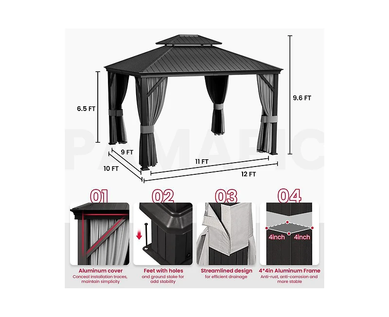 Pamapic 12 ft. x 14 ft. Metal Hardtop Gazebo with Curtains