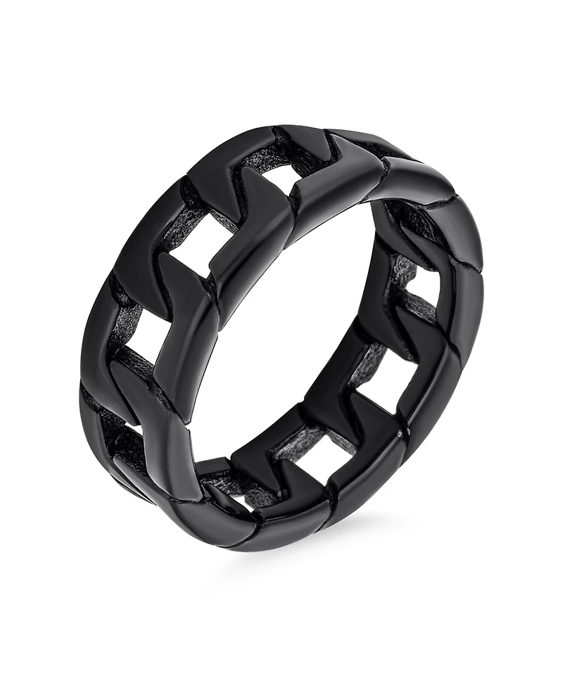 Bling Jewelry Black Wide Open Rope Cuban Cable Curb Chain Link Ring Band Gothic Solid Stainless Steel