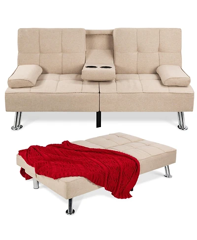 Best Choice Products Modern Linen Convertible Futon Sofa Bed w/ Removable Armrests, Metal Legs, Cupholders
