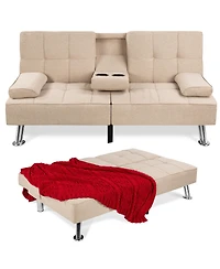 Best Choice Products Modern Linen Convertible Futon Sofa Bed w/ Removable Armrests, Metal Legs, Cupholders