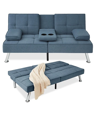 Best Choice Products Modern Linen Convertible Futon Sofa Bed w/ Removable Armrests, Metal Legs, Cupholders