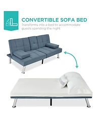 Best Choice Products Modern Linen Convertible Futon Sofa Bed w/ Removable Armrests, Metal Legs, Cupholders