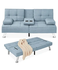 Best Choice Products Modern Linen Convertible Futon Sofa Bed w/ Removable Armrests, Metal Legs, Cupholders