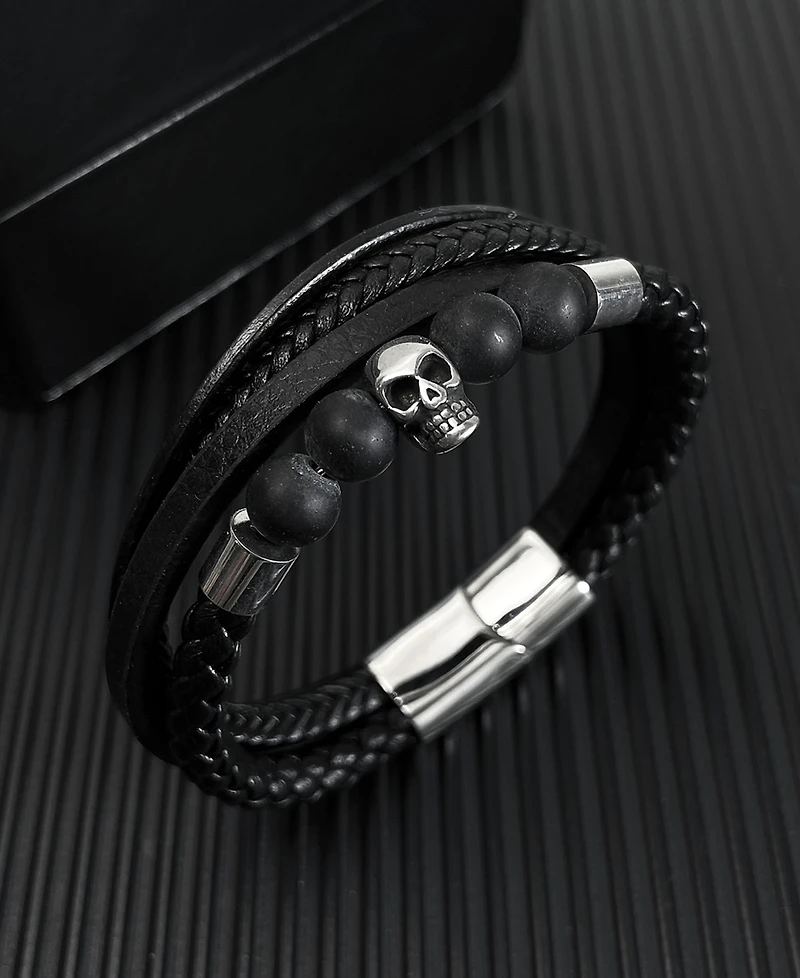 Rhona Sutton Silver Multi Leather Skull Stainless Steel Bracelet