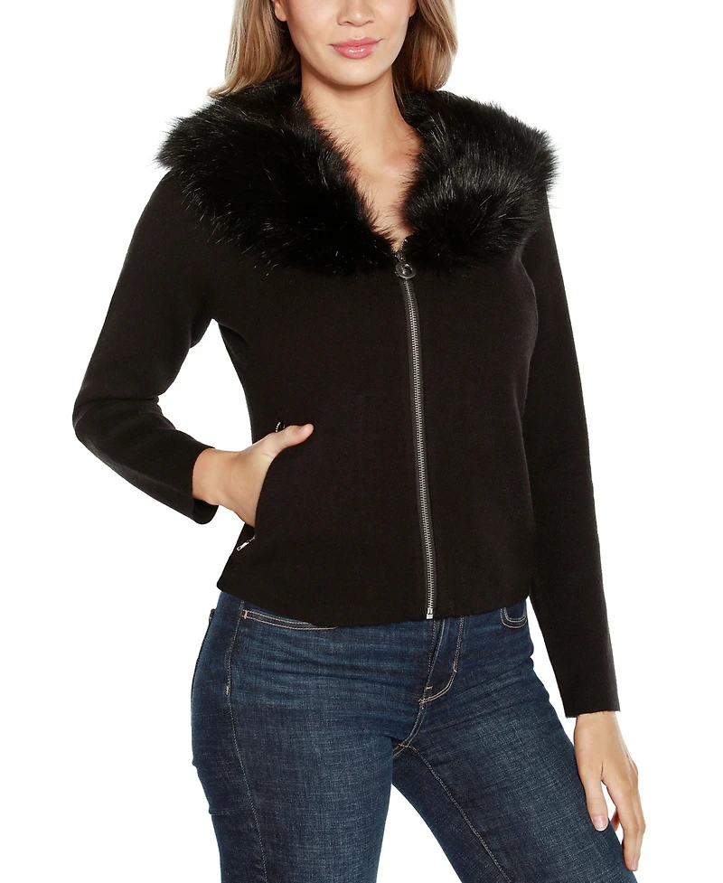 Belldini Women's Black Label Faux Fur Collar Short Zip Cardigan Sweater
