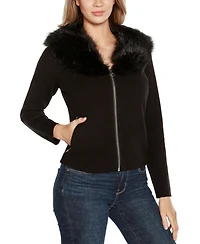 Belldini Women's Black Label Faux Fur Collar Short Zip Cardigan Sweater