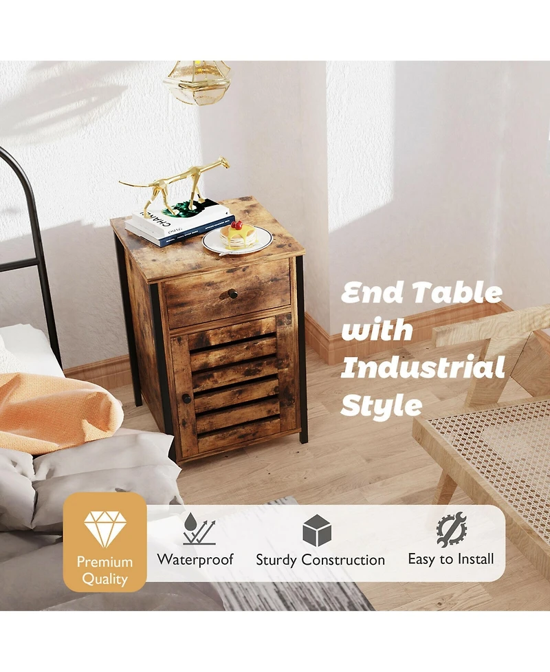 Gymax Nightstand with Drawer Cabinet Adjustable Shelf Industrial Side Table Rustic