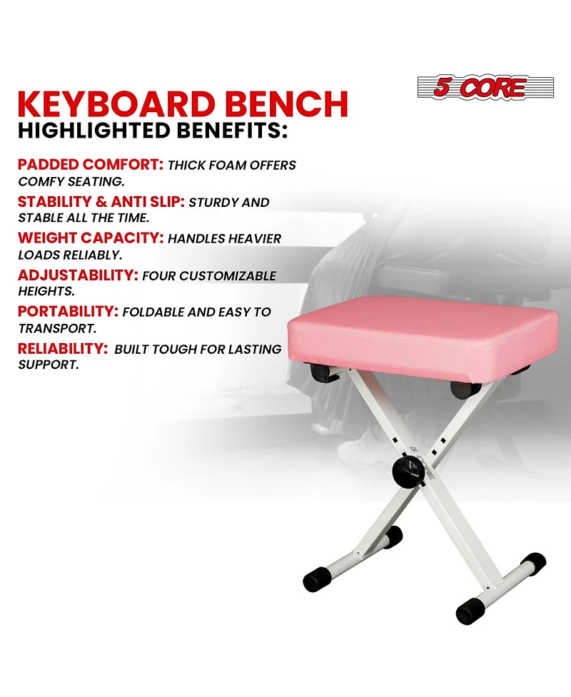 5 Core Keyboard Bench 3" Padded Cushioned Piano Stool Height Adjustable Guitar Seat Folding Portable - Kbb Pnk Hd