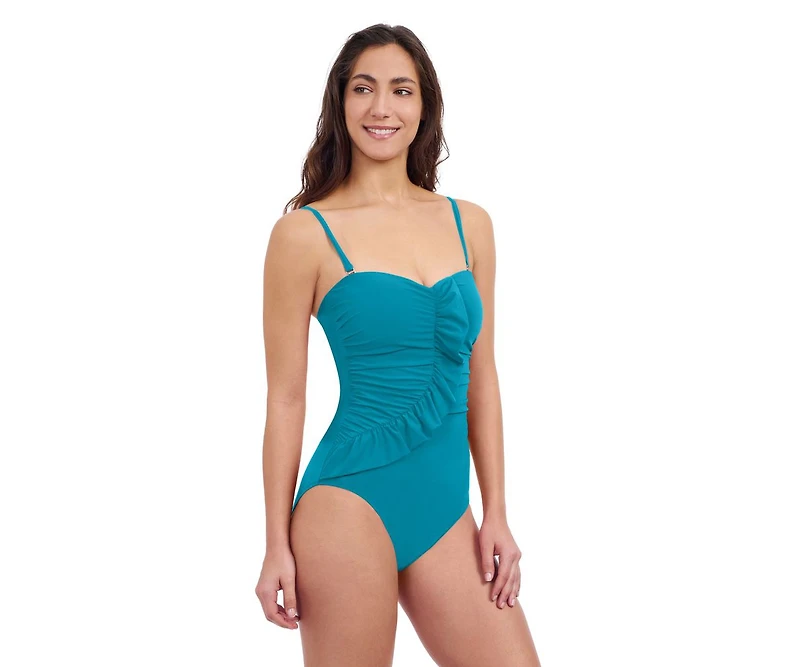 Profile by Gottex Women's Tutti Frutti Ruffle Bandeau One Piece Soft Cups Tummy Control Adjustable Removeable Straps