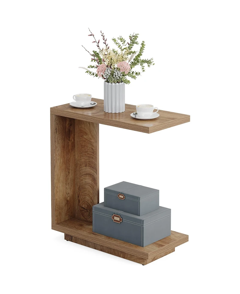 Tribesigns C-Shaped Side Table, 2-Tier Narrow End Table, Wood Bedside Table Nightstand for Bedroom, Industrial Sofa End Table for Living Room, Brown