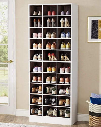 Tribesigns 10-Tier Shoe Storage Cabinet, White and Brown Wooden Shoe Rack with 30 Cubbies, Freestanding Tall Entryway Shoe Organizer for Closet, Entry