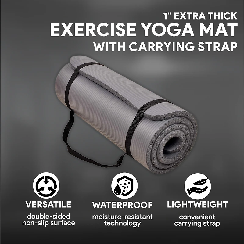 BalanceFrom Fitness BalanceFrom GoCloud 1" Extra Thick Exercise Yoga Mat with Carrying Strap, Gray