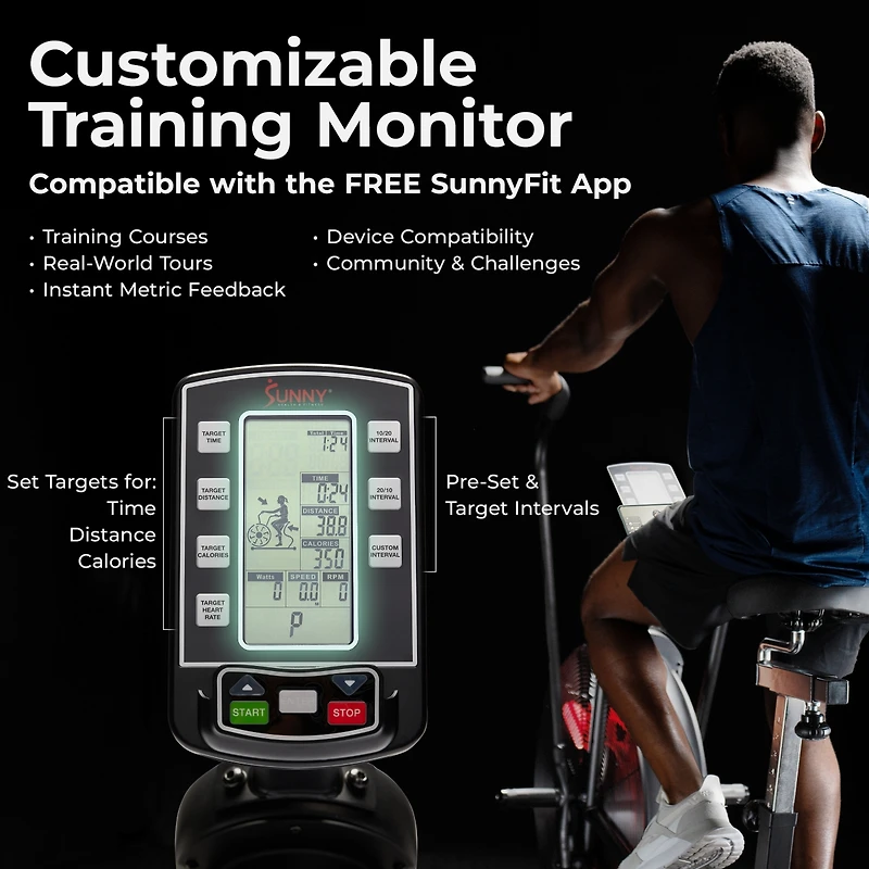 Sunny Health & Fitness Smart Customizable Air Bike Trainer, 330LB Capacity Leg + Arm Cardio Workout, with SunnyFit App Bluetooth Link