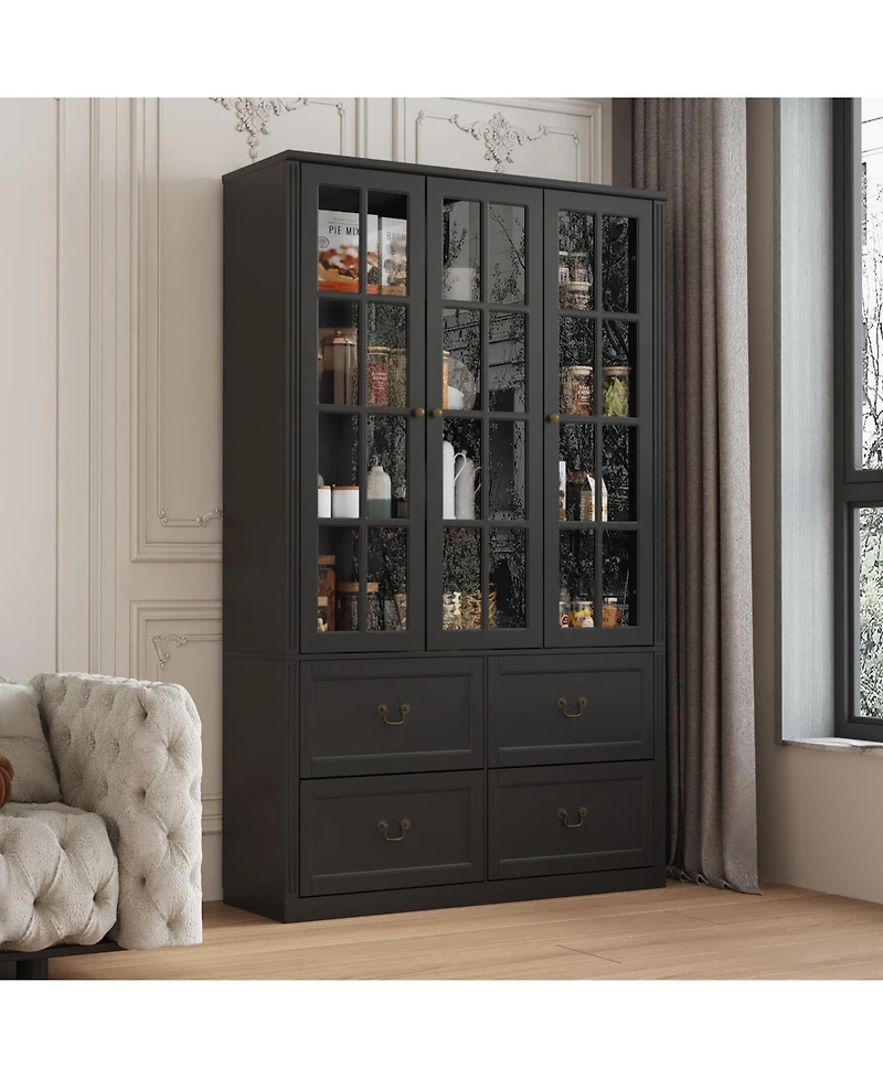Famapy Grey Wood Bookcase With Tempered Glass Doors and 6-Drawers