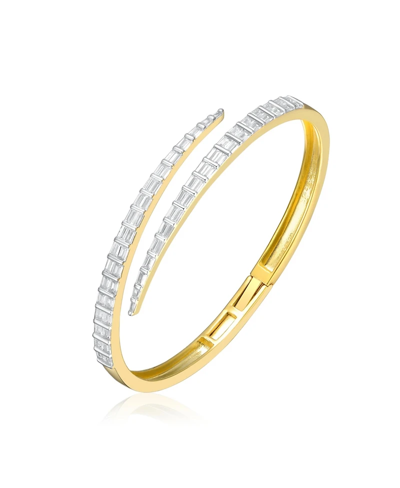 Sterling Silver 14K Gold Plated Cubic Zirconia Pave Bypass Coil Bangle Bracelet