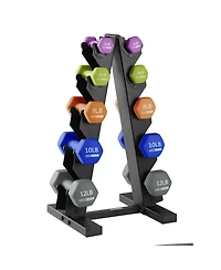 HolaHatha 3, 5, 8, 10, & 12 Pound Neoprene Hexagon Dumbbell Weight Set w/Stand