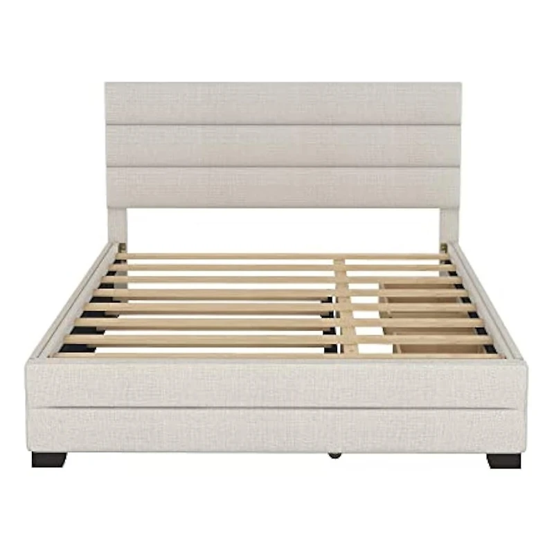 Slickblue Queen Upholstered Platform Bed with Twin Size Trundle and Two Drawers