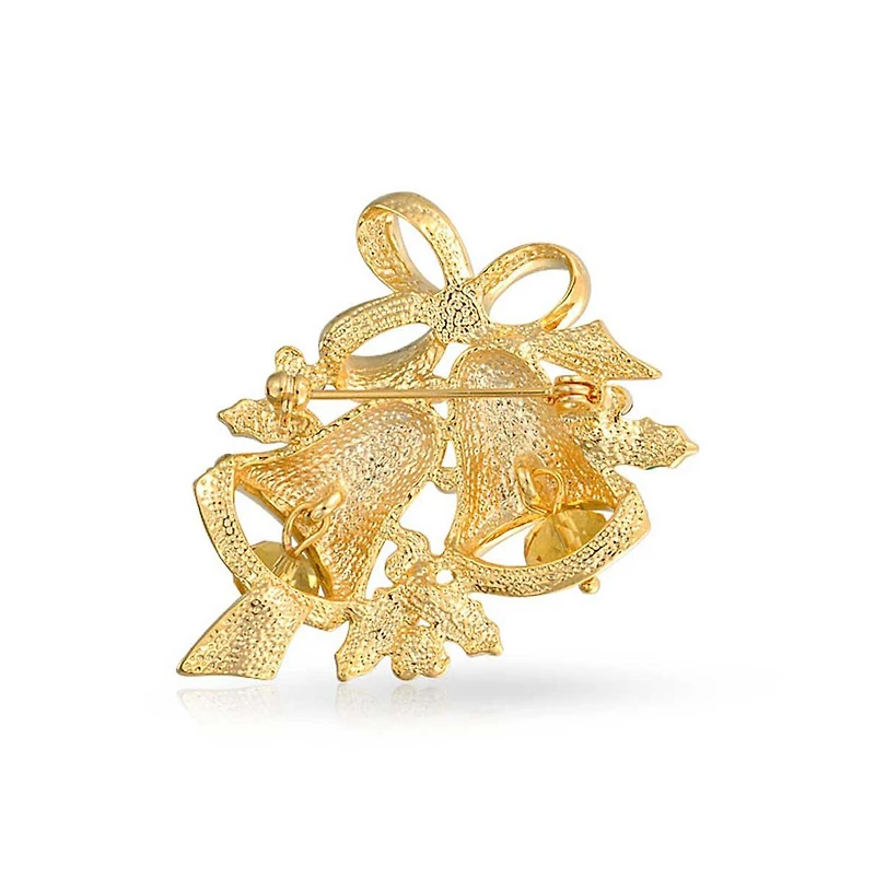 Bling Jewelry Large Statement Crystal Holiday Holly Bells Scarf Brooch Pin Gold Plated