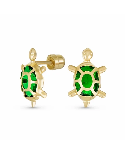Bling Jewelry Petite Tiny Nautical Vacation Cz Green Tortoise Turtle Yellow 14K Gold Stud Earrings Secure Screw back