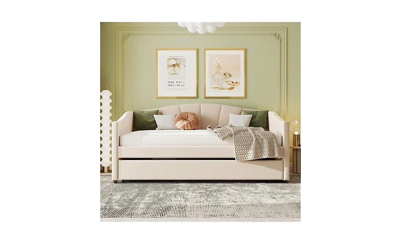 Slickblue Upholstered Twin Daybed Sofa with Trundle and Wood Slats