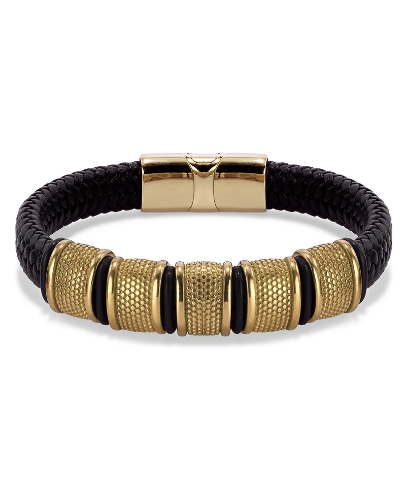 Rhona Sutton Vanguard Gold Black Leather Stainless Steel Bracelet