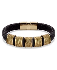 Rhona Sutton Vanguard Gold Black Leather Stainless Steel Bracelet