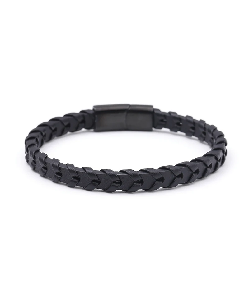 Rhona Sutton Black Weaved Leather Stainless Steel Bracelet