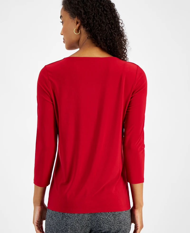 Kasper Womens Pleat-Neck 3/4-Sleeve Blouse