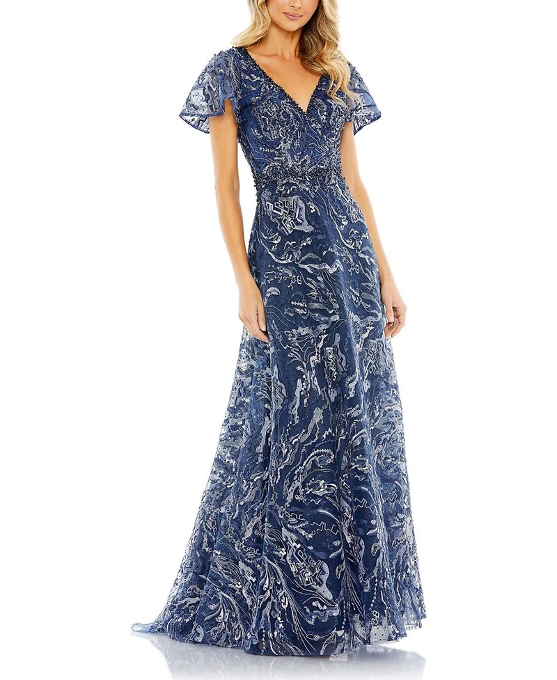 Mac Duggal Women's Embellished Illusion Butterfly Sleeve A-Line Gown