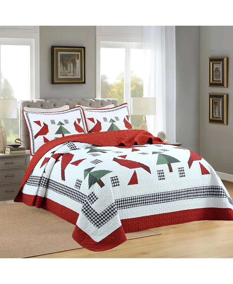 MarCielo 3 Pcs Winter Red Cardinals Christmas Quilt Bedspread Set King