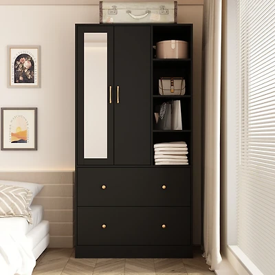 Famapy White Wood Armoires Wardrobe With Mirror, Pulling Hanging Rod, Drawers