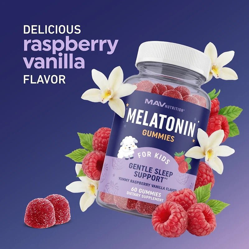 Mav Nutrition Melatonin Gummies for Kids, Premium Melatonin Gummies for Improve Sleep Quality with Chamomile & Lemon Balm, Raspberry Flavor, Mav Nutri