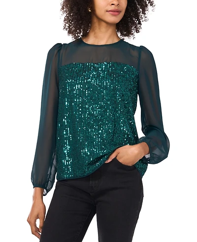 Vince Camuto Women's Sequin Crewneck Blouson Sleeve Top