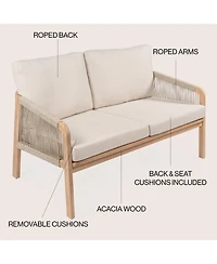 Jonathan Y Arwen Modern Bohemian Roped Acacia Wood Outdoor Loveseat with Cushions
