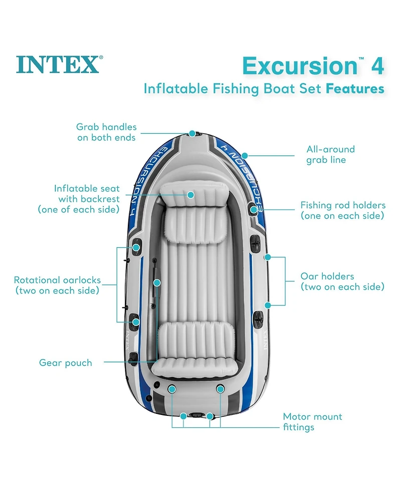 Intex Excursion 4 Person Inflatable Rafting and Fishing Boat Set with 2 Oars