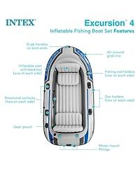 Intex Excursion 4 Person Inflatable Rafting and Fishing Boat Set with 2 Oars