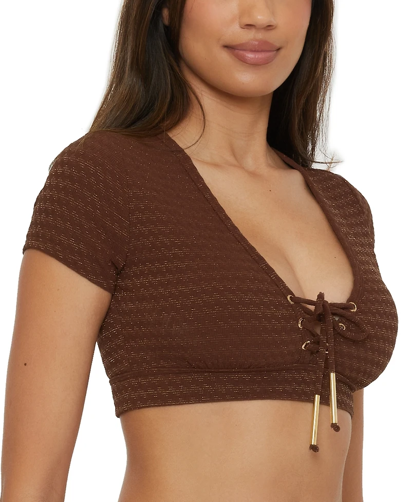 Trina Turk Women's Glimmer Lace-Up Crop Swim Tee Top
