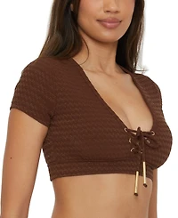 Trina Turk Women's Glimmer Lace-Up Crop Swim Tee Top