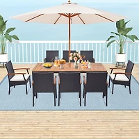 Costway 9 Pcs Patio Rattan Dining Set with Acacia Wood Table, Cushions, 1.9" Umbrella Hole