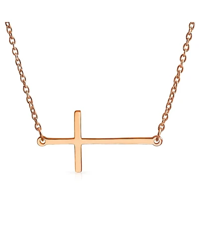 Bling Jewelry Delicate Simple Plain Horizontal Sideways Cross Necklace Station Pendant Rose Gold Plated .925 Sterling Silver
