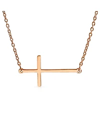 Bling Jewelry Delicate Simple Plain Horizontal Sideways Cross Necklace Station Pendant Rose Gold Plated .925 Sterling Silver