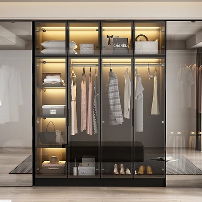 Famapy Glass Doors Wardrobe Armoires Aluminum Frame with Led Lights