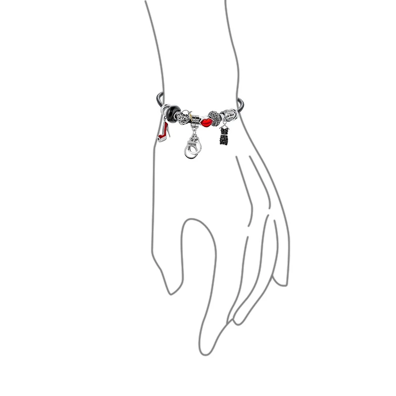 Bling Jewelry Handcuff Themed Multi Charm Heart Charm Bracelet Black Leather Sterling Silver 6.5-8