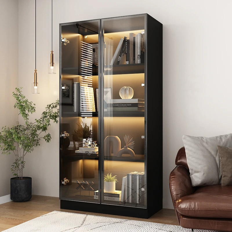 Homsee Led Lights Buffet Display Cabinet Bookcase With Glass Doors, Aluminum Framed