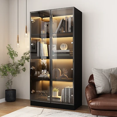 Homsee Led Lights Buffet Display Cabinet Bookcase With Glass Doors, Aluminum Framed