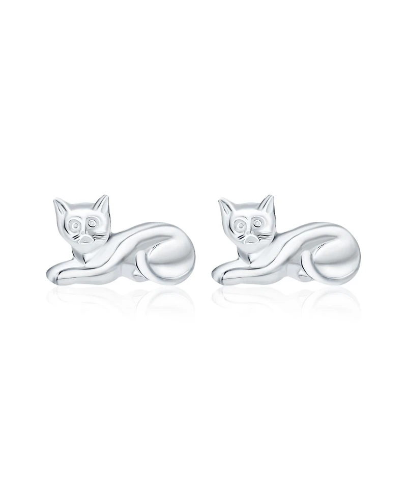 Bling Jewelry Cute Sweet Animal Pet Sitting Laying Kitten Kitty Curious Cat Stud Earrings Polished Shinny .925 Sterling Silver