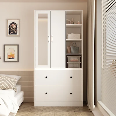 Famapy White Wood Armoires Wardrobe With Mirror, Pulling Hanging Rod, Drawers