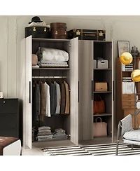 Famapy Grey Wood 4-Door Wardrobe Armoires with Hanging Rod and Storage Shelves