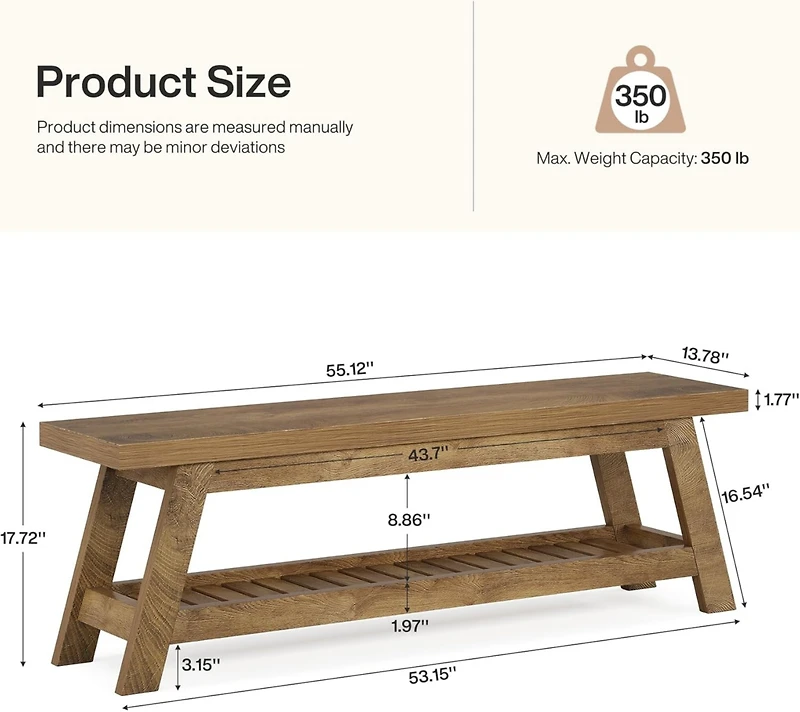 Tribesigns Long Bench, 47.24-Inch Entryway Bench with Elegant Wave Design, Dining Room Bench for Kitchen, Industrial Wood Bench End of Bed Bench, Shoe