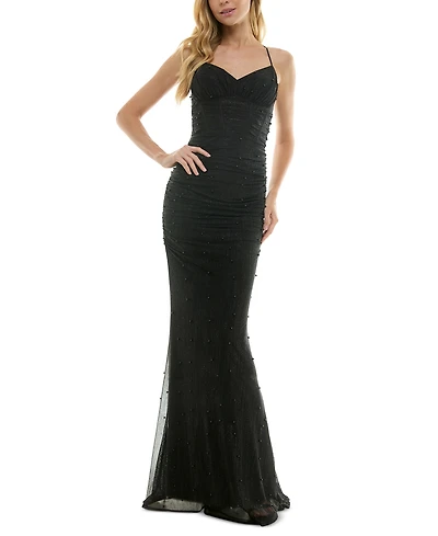 City Studios Juniors' Embellished Ruched Sleeveless Gown